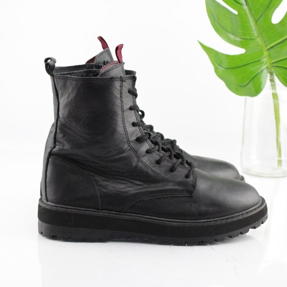 Zara Womens Combat Boot Size 37 6 Black Leather Lace Up Chunky Lug Sole Bootie - Picture 5 of 13